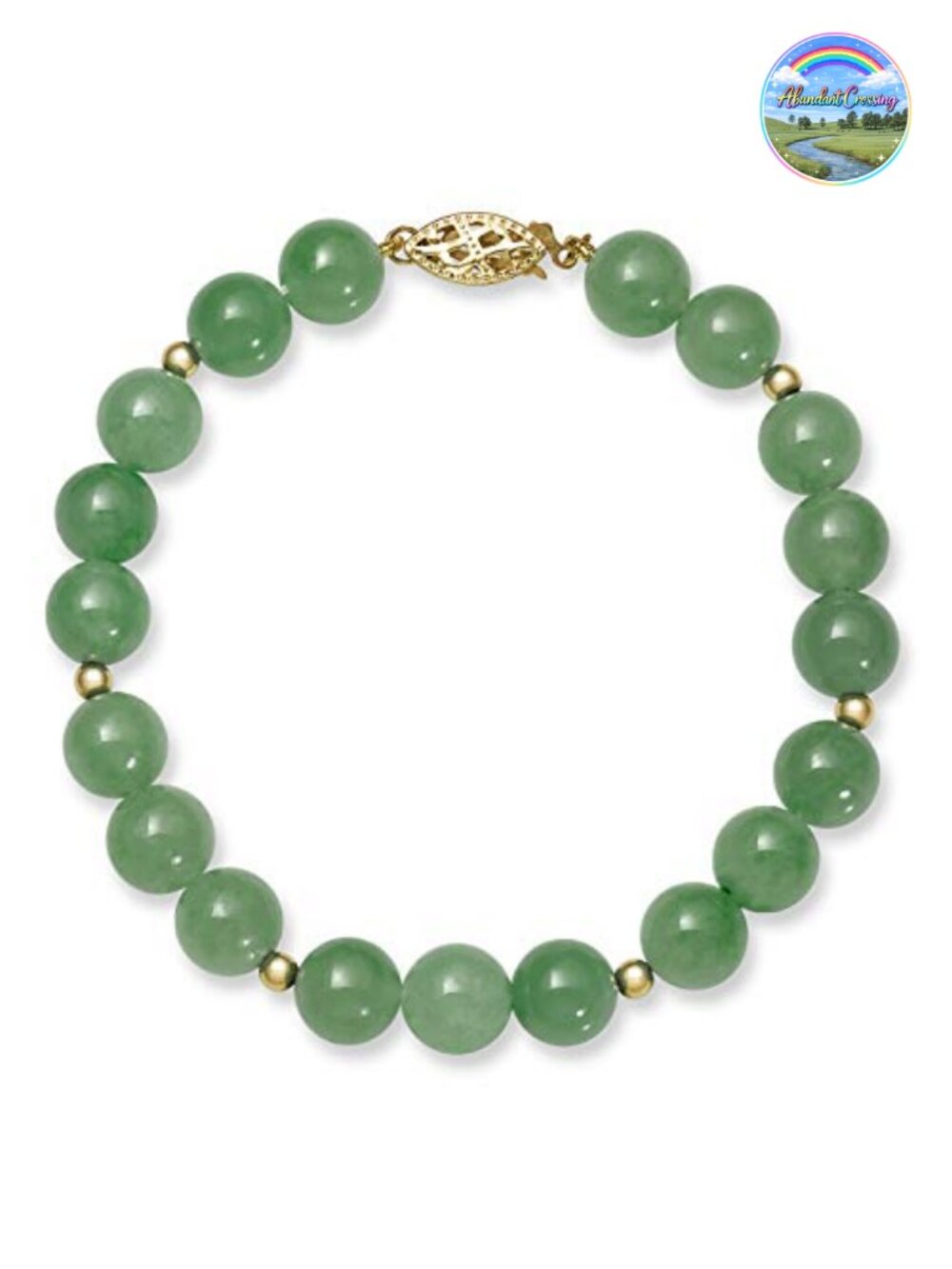 Genuine Natural Jade Beaded Bracelet 14K Yellow Gold Accent Strand 7.5" Fine